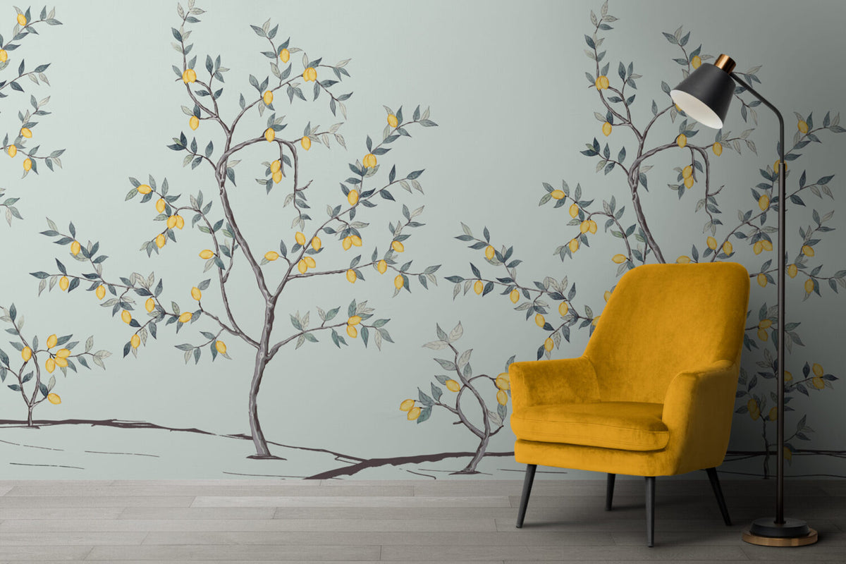Lemon Tree Branch Wallpaper : Soft Mint Citrus Mural - View 4
