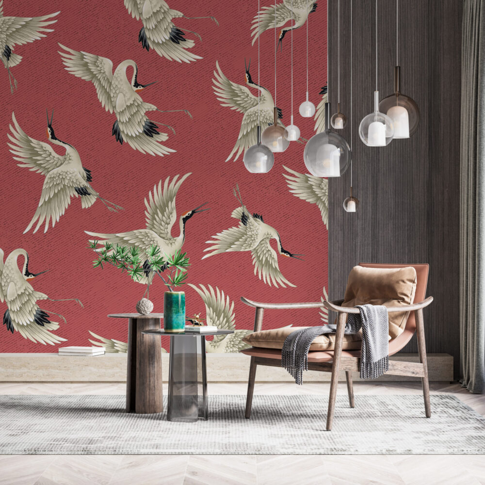 Red Flying Crane Wallpaper : Japanese Crane Pattern
