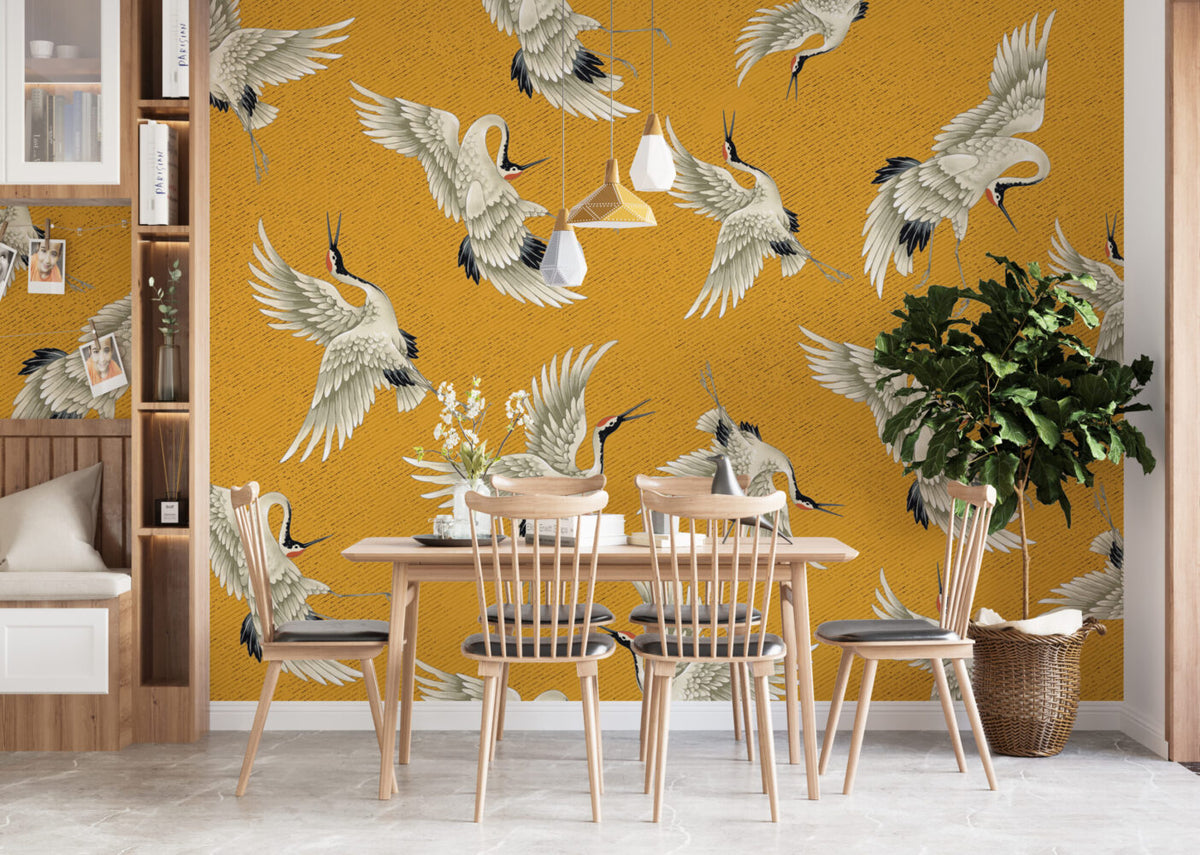 Mustard Flying Crane Wallpaper : Japanese Crane Pattern - View 4
