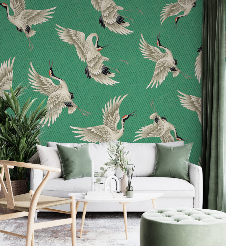 Emerald Flying Crane Wallpaper : Japanese Crane Pattern