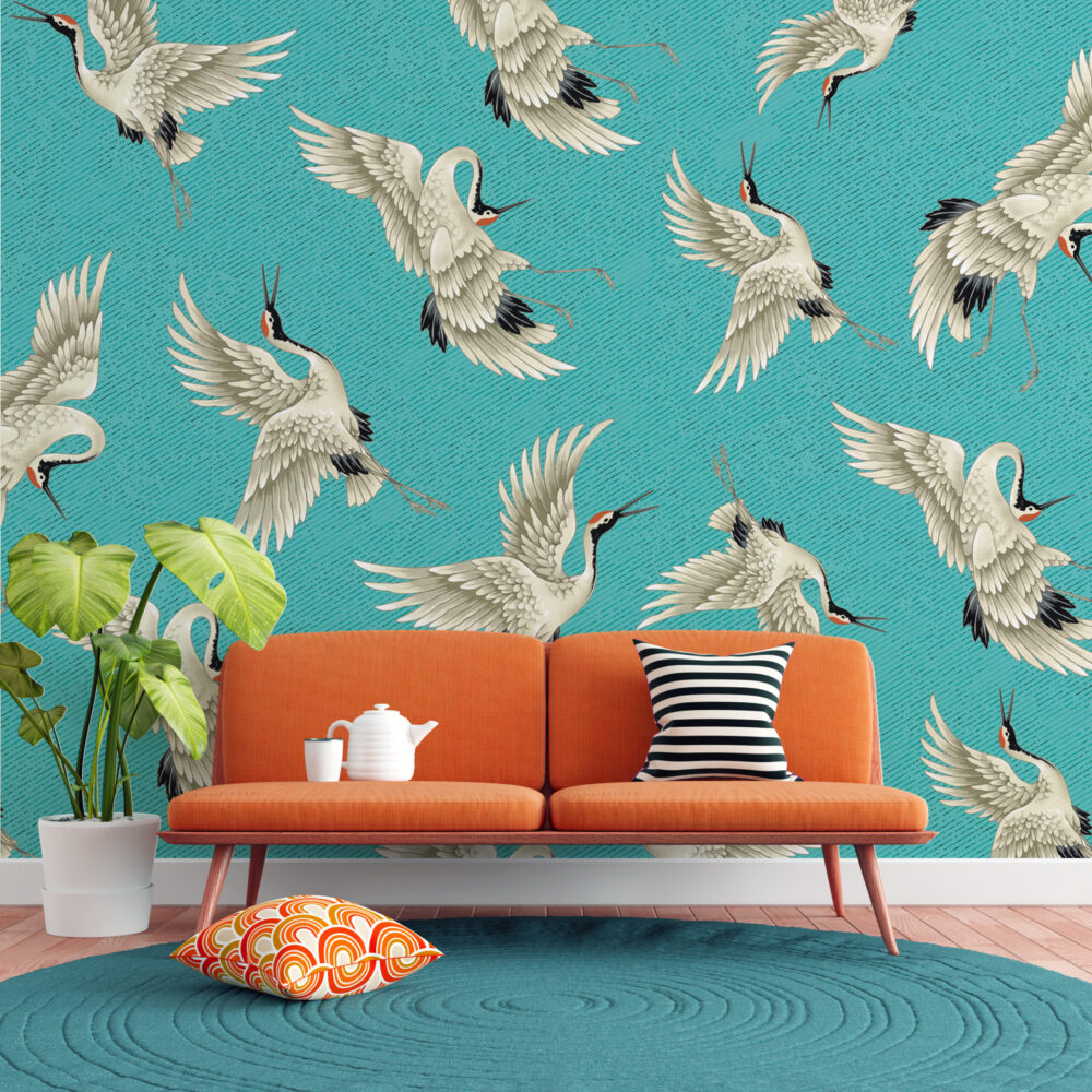 Teal Flying Crane Wallpaper : Japanese Crane Pattern - View 5