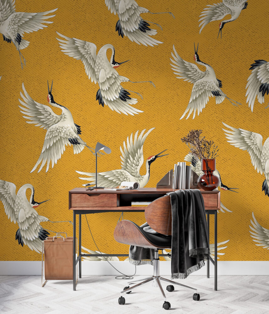Mustard Flying Crane Wallpaper : Japanese Crane Pattern - View 5