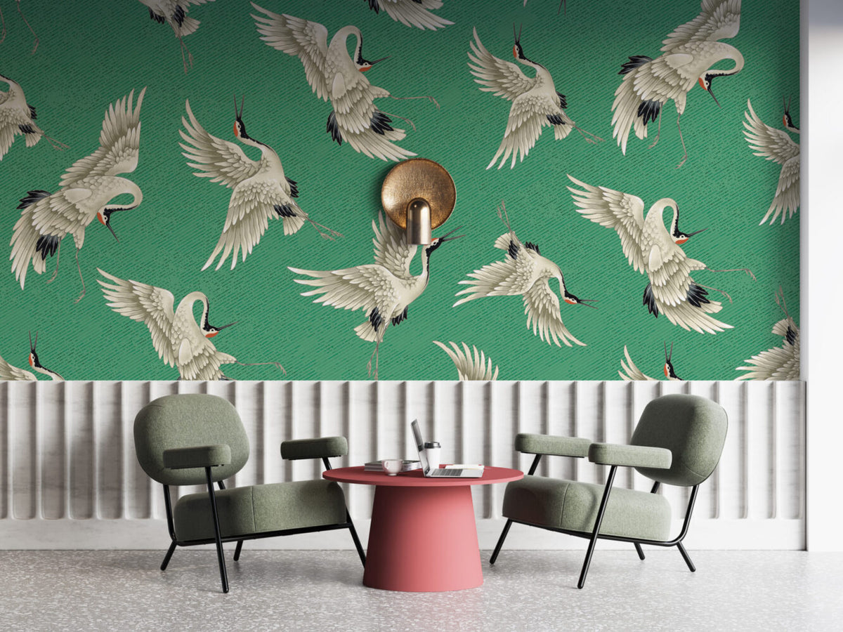 Emerald Flying Crane Wallpaper : Japanese Crane Pattern - View 3
