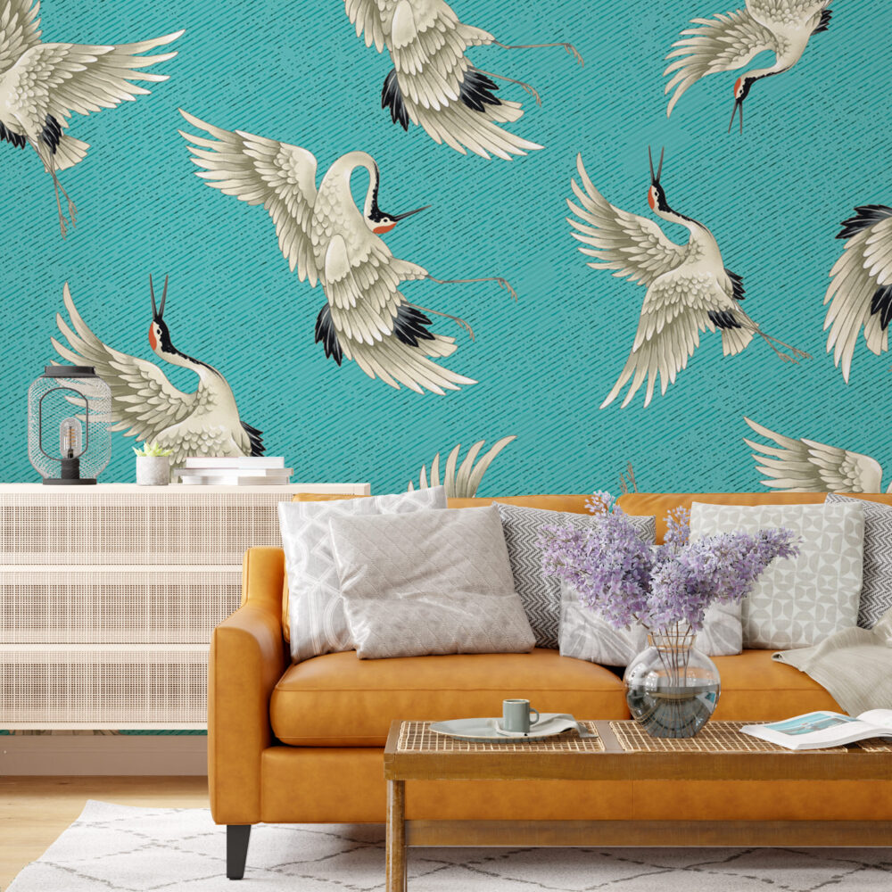 Teal Flying Crane Wallpaper : Japanese Crane Pattern - View 6