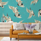 Teal Flying Crane Wallpaper : Japanese Crane Pattern - View 6