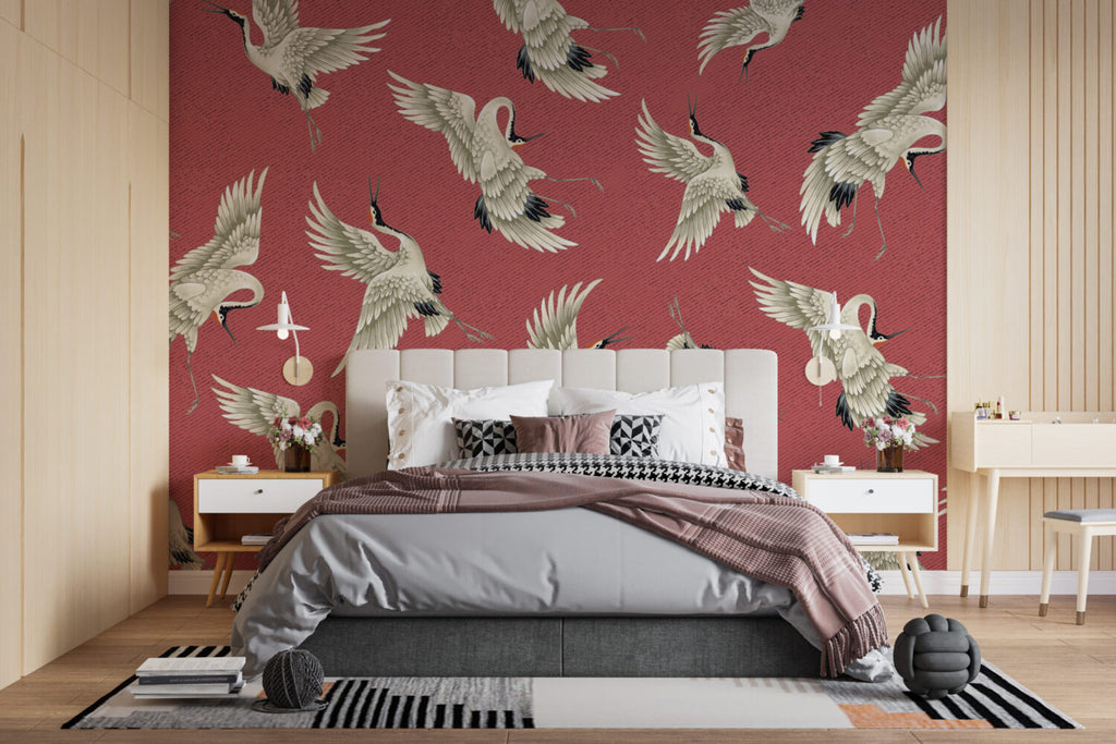 Red Flying Crane Wallpaper : Japanese Crane Pattern - View 3