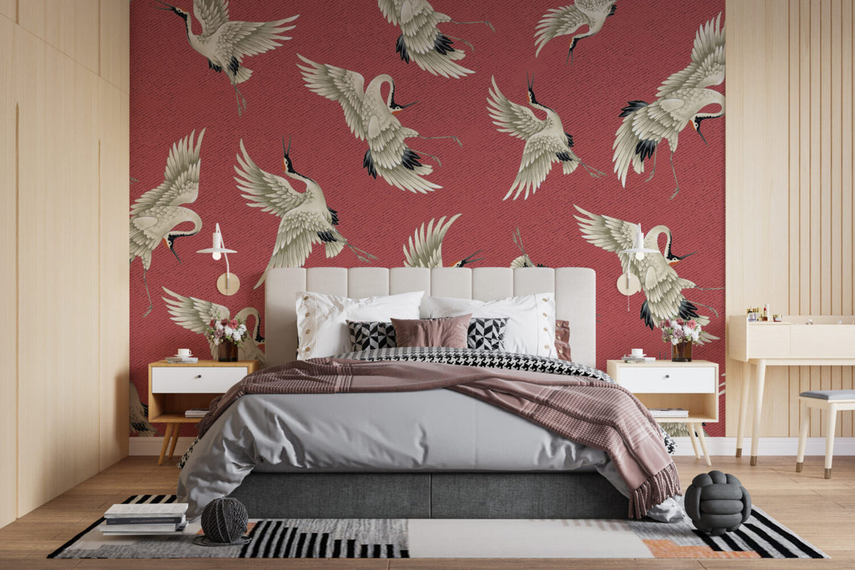 Red Flying Crane Wallpaper : Japanese Crane Pattern - View 3