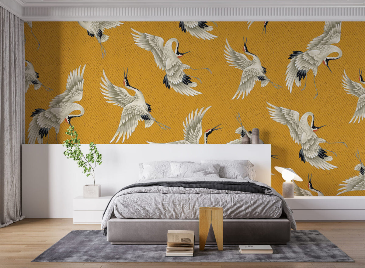 Mustard Flying Crane Wallpaper : Japanese Crane Pattern - View 6