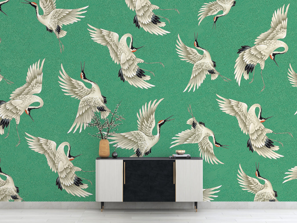 Emerald Flying Crane Wallpaper : Japanese Crane Pattern - View 4