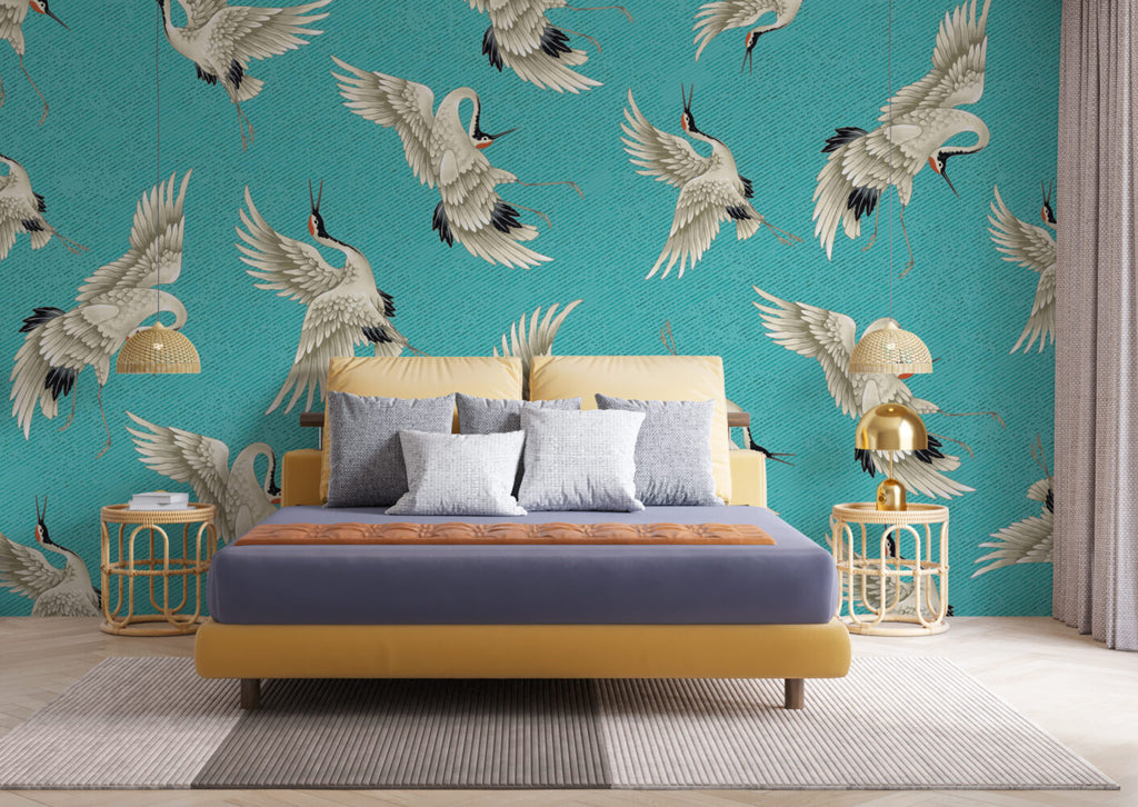 Teal Flying Crane Wallpaper : Japanese Crane Pattern - View 3