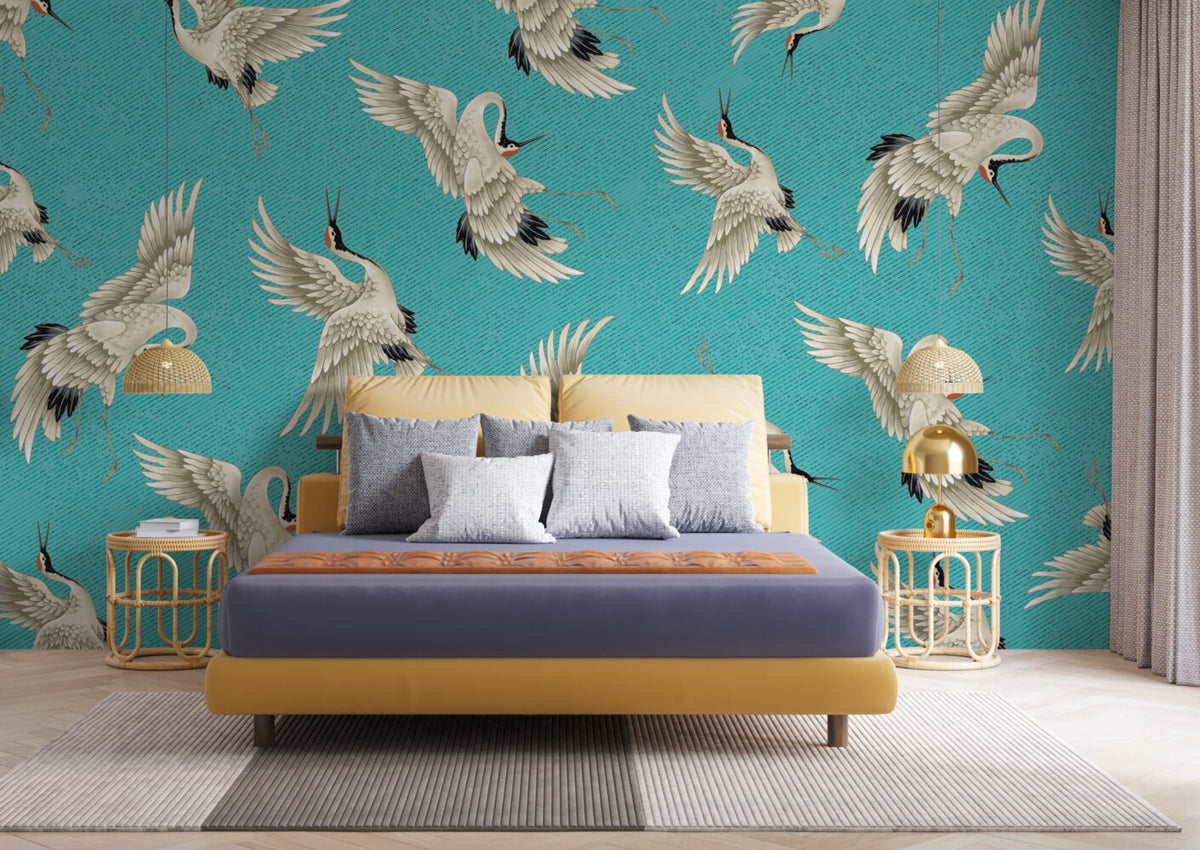 Teal Flying Crane Wallpaper : Japanese Crane Pattern - View 3