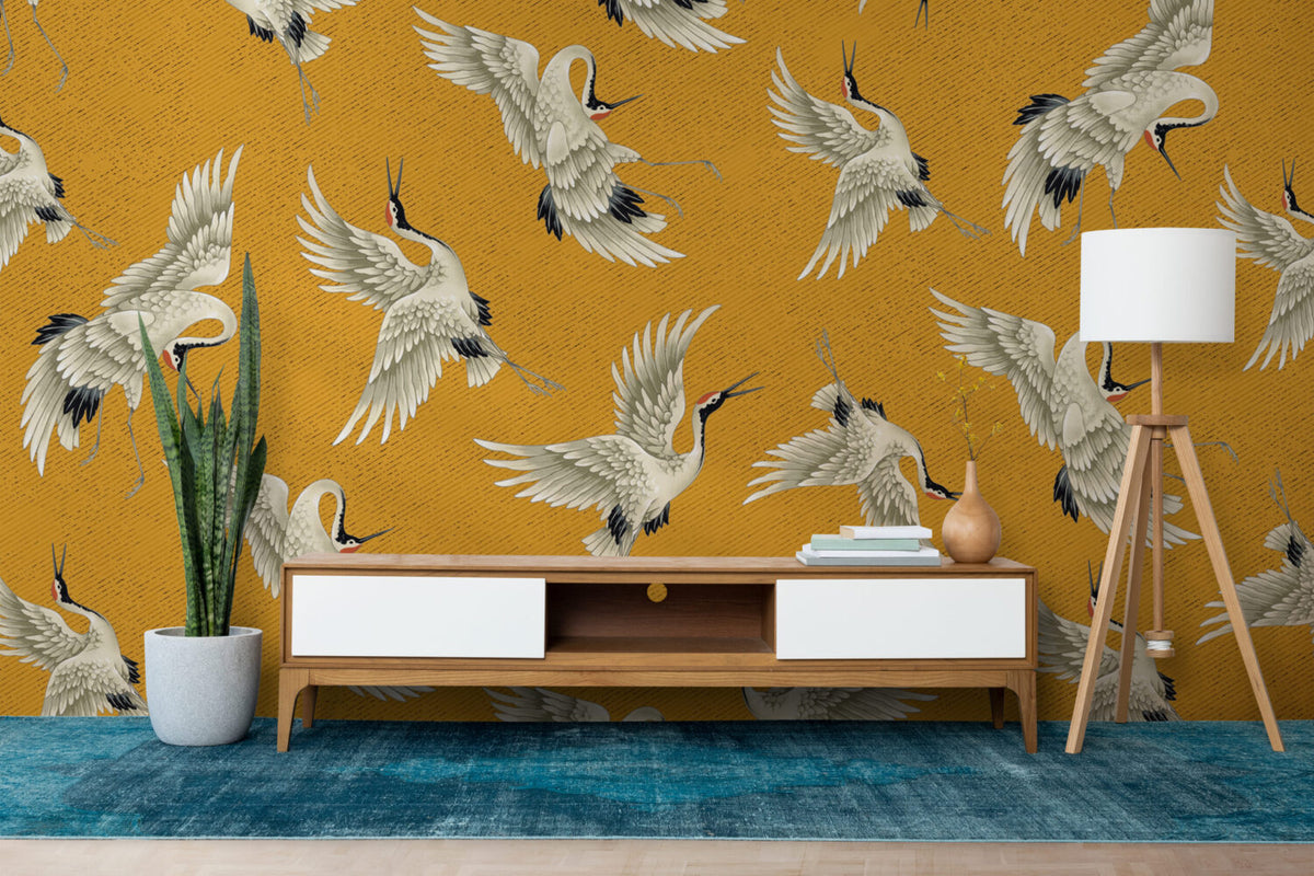 Mustard Flying Crane Wallpaper : Japanese Crane Pattern