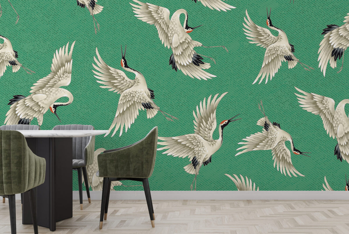 Emerald Flying Crane Wallpaper : Japanese Crane Pattern - View 5