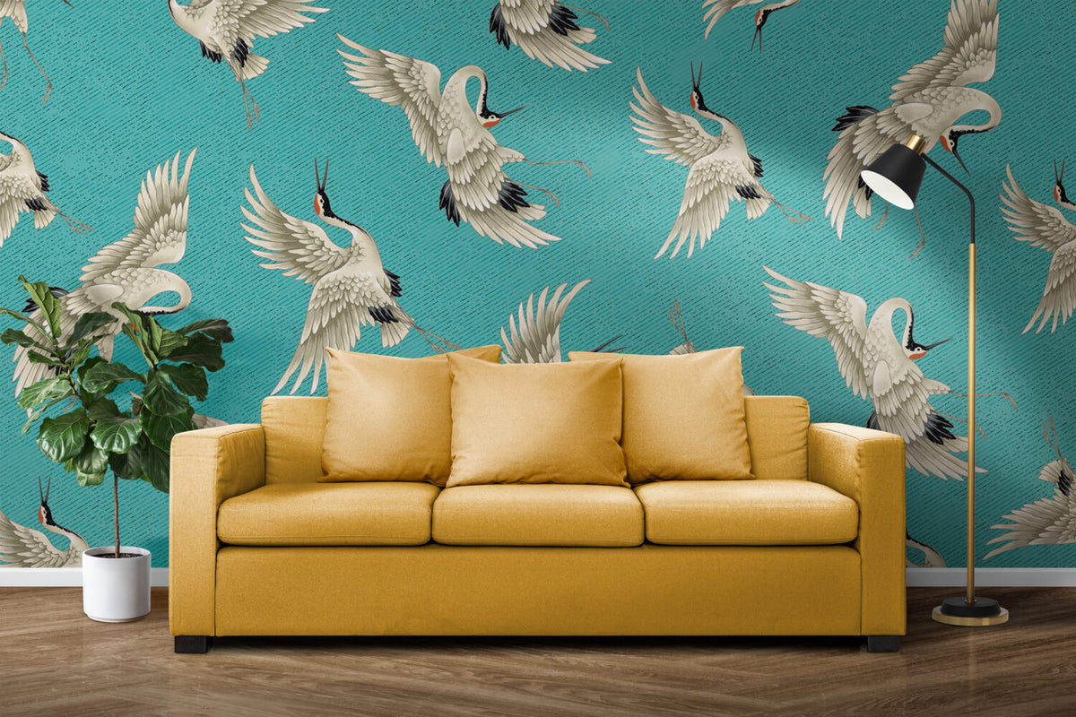 Teal Flying Crane Wallpaper : Japanese Crane Pattern