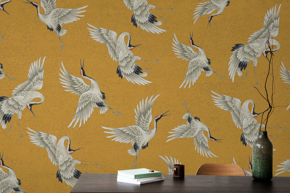 Mustard Flying Crane Wallpaper : Japanese Crane Pattern - View 3