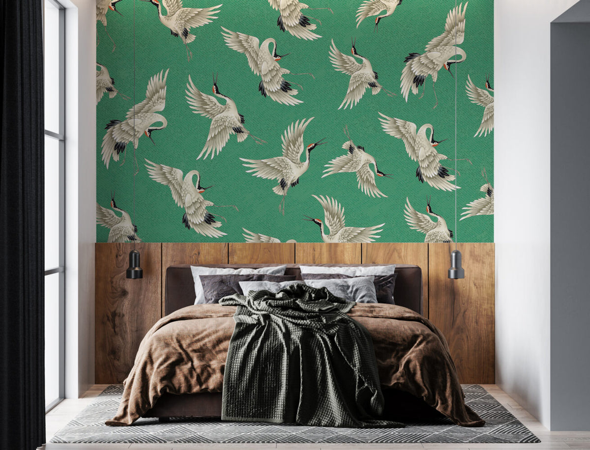 Emerald Flying Crane Wallpaper : Japanese Crane Pattern - View 6