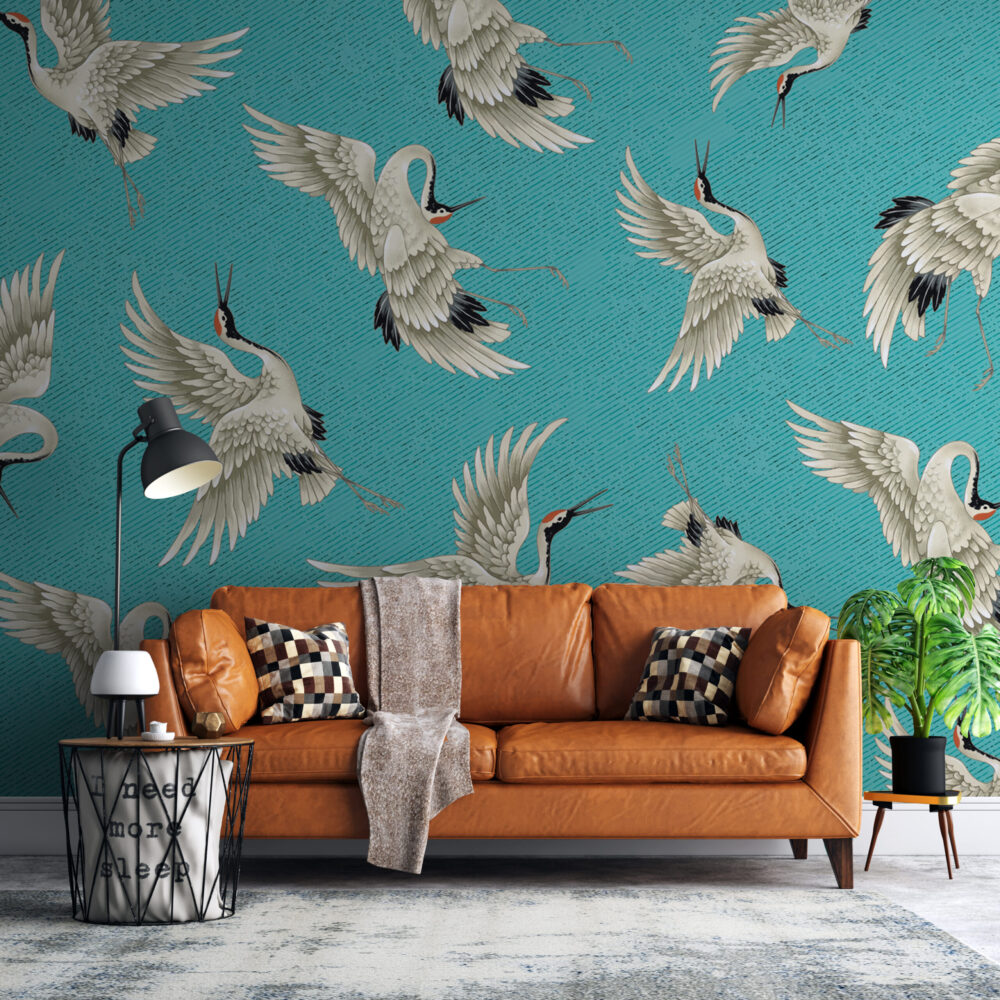 Teal Flying Crane Wallpaper : Japanese Crane Pattern - View 4