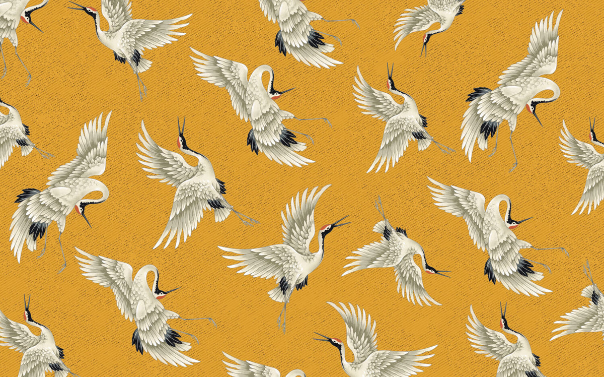 Mustard Flying Crane Wallpaper : Japanese Crane Pattern - View 2