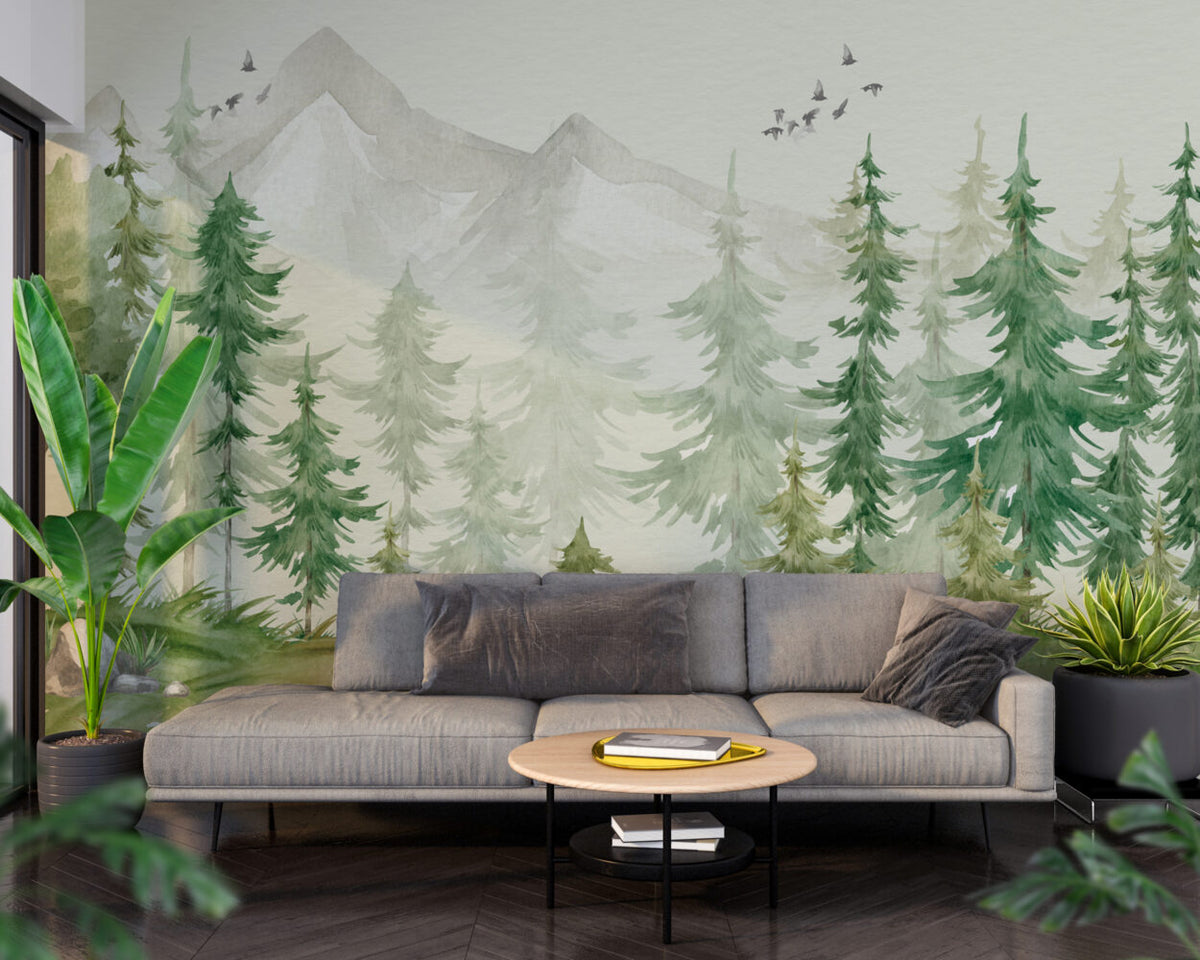 Misty Pine Mountain Wallpaper : Soft Green Forest Mural - View 3