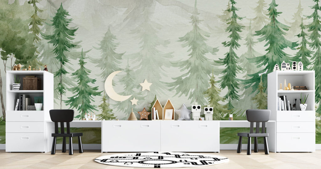 Misty Pine Mountain Wallpaper : Soft Green Forest Mural - View 4