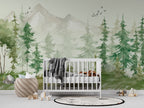 Misty Pine Mountain Wallpaper : Soft Green Forest Mural