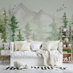 Misty Pine Mountain Wallpaper : Soft Green Forest Mural - View 5