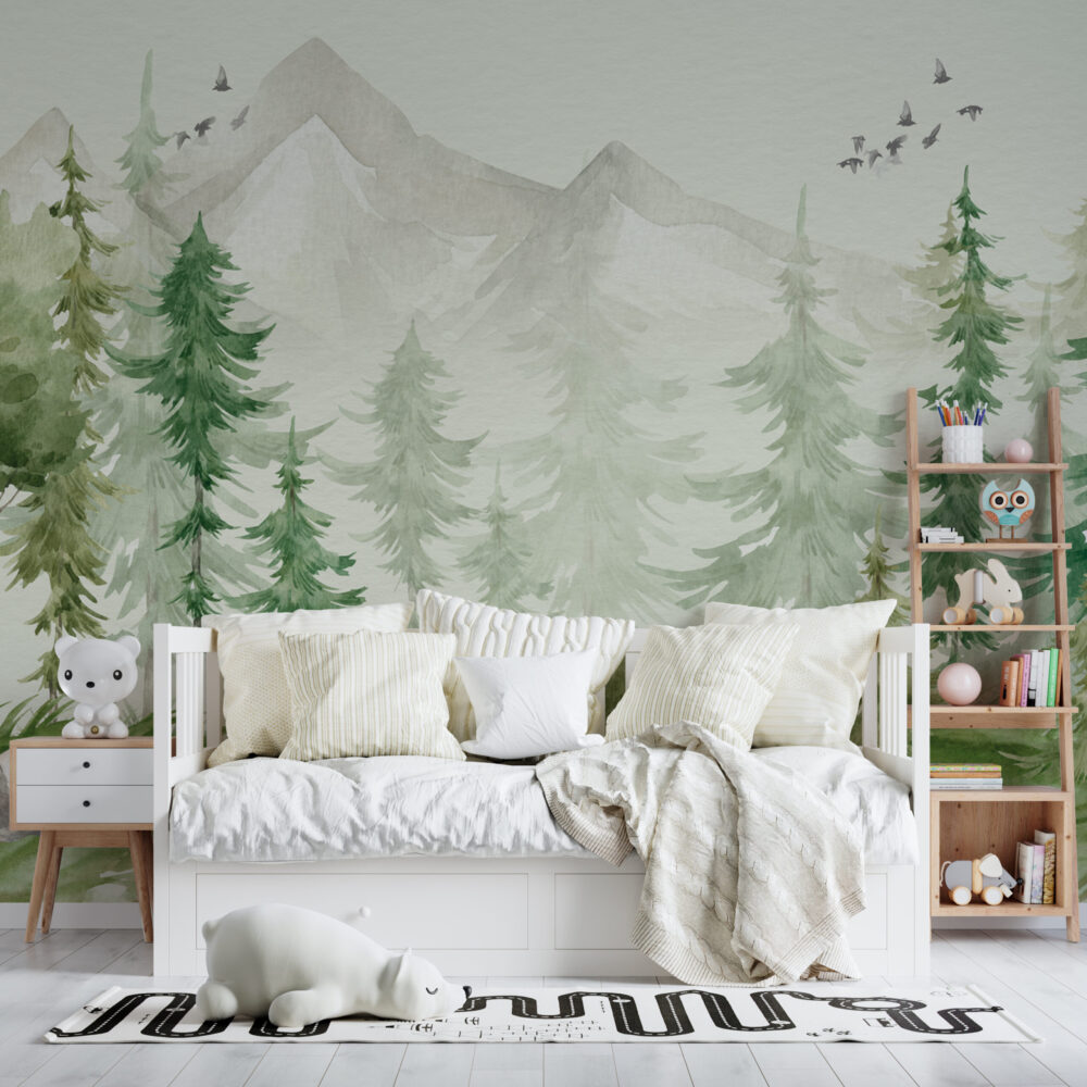 Misty Pine Mountain Wallpaper : Soft Green Forest Mural - View 5