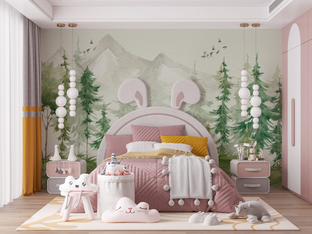 Misty Pine Mountain Wallpaper : Soft Green Forest Mural - View 6