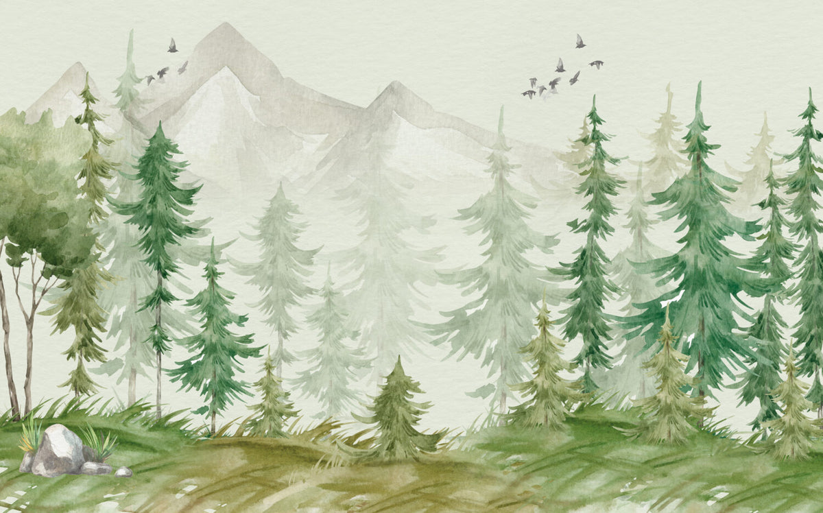Misty Pine Mountain Wallpaper : Soft Green Forest Mural - View 2