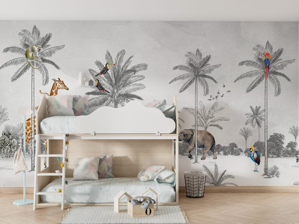 Grey Sketch Palm Wallpaper : Toucan Jungle Animals Mural - View 6