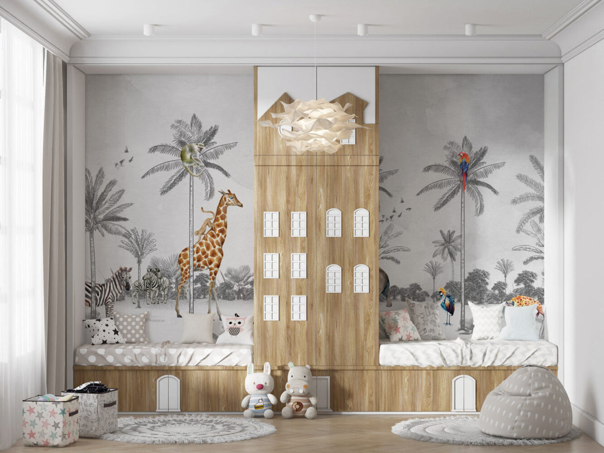 Grey Sketch Palm Wallpaper : Toucan Jungle Animals Mural - View 3