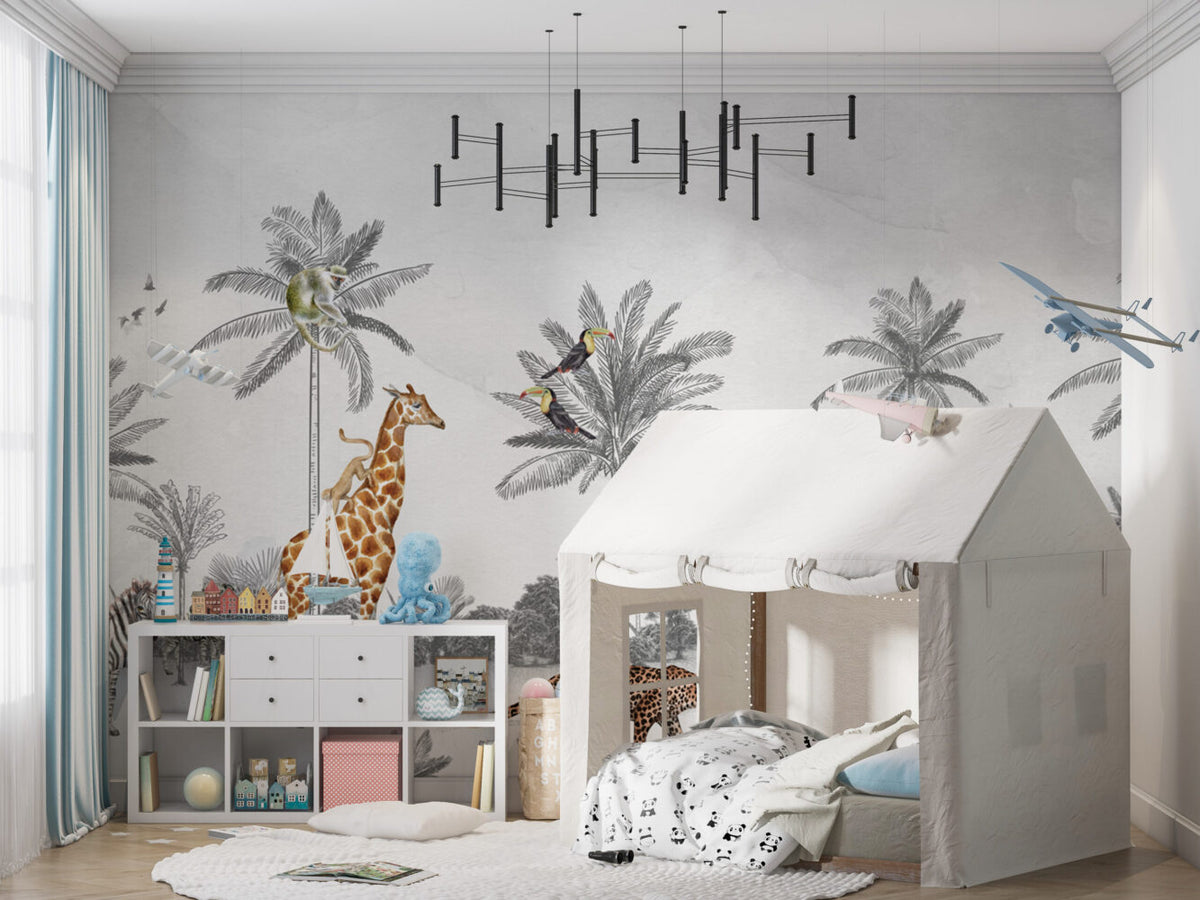 Grey Sketch Palm Wallpaper : Toucan Jungle Animals Mural - View 4