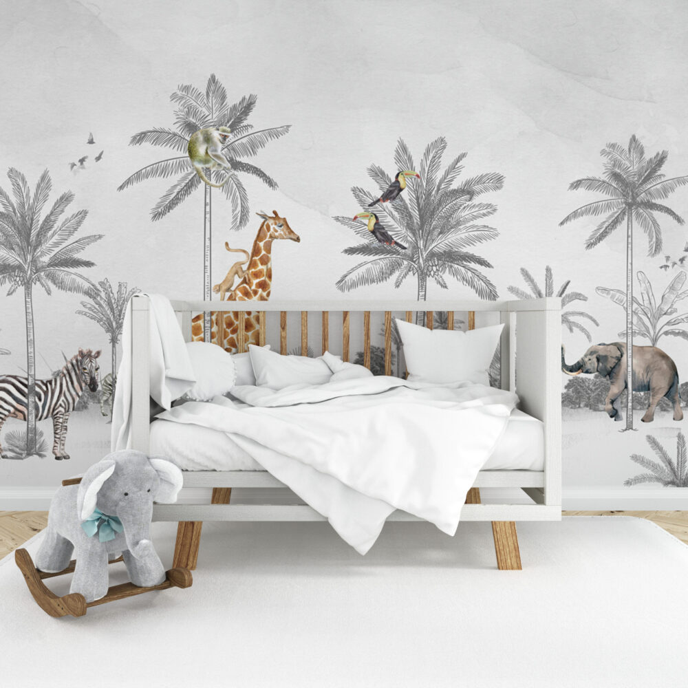 Grey Sketch Palm Wallpaper : Toucan Jungle Animals Mural - View 5
