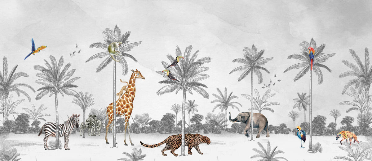 Grey Sketch Palm Wallpaper : Toucan Jungle Animals Mural - View 2