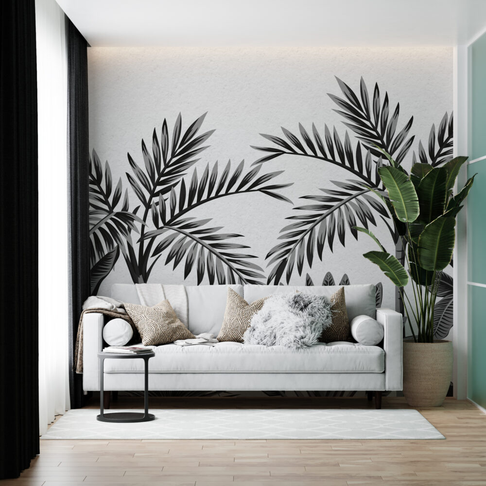 Black White Palm Leaf Wallpaper : Monochrome Tropical Mural - View 3