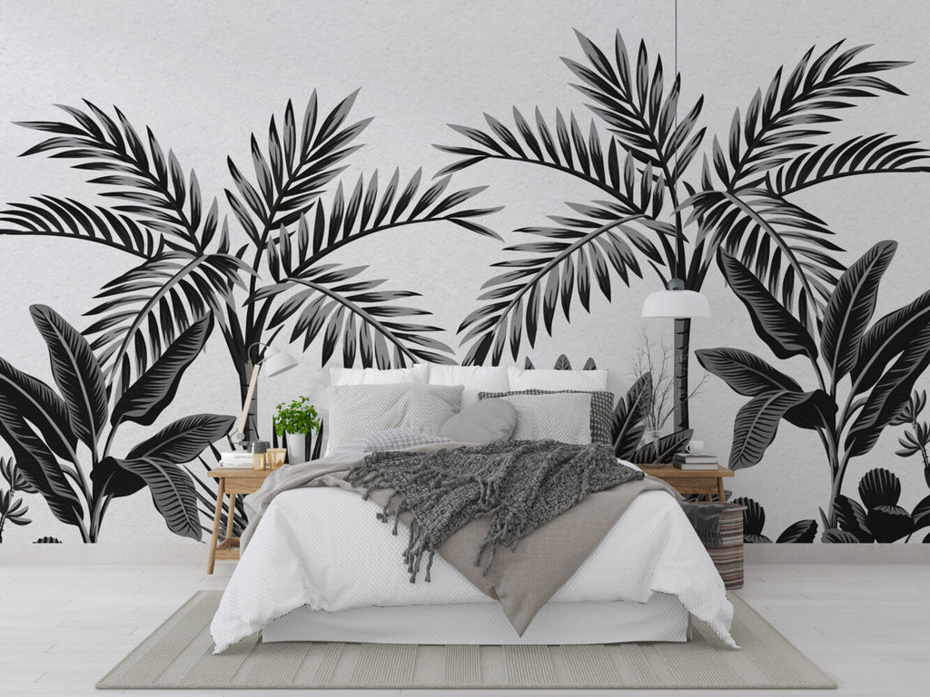 Black White Palm Leaf Wallpaper : Monochrome Tropical Mural