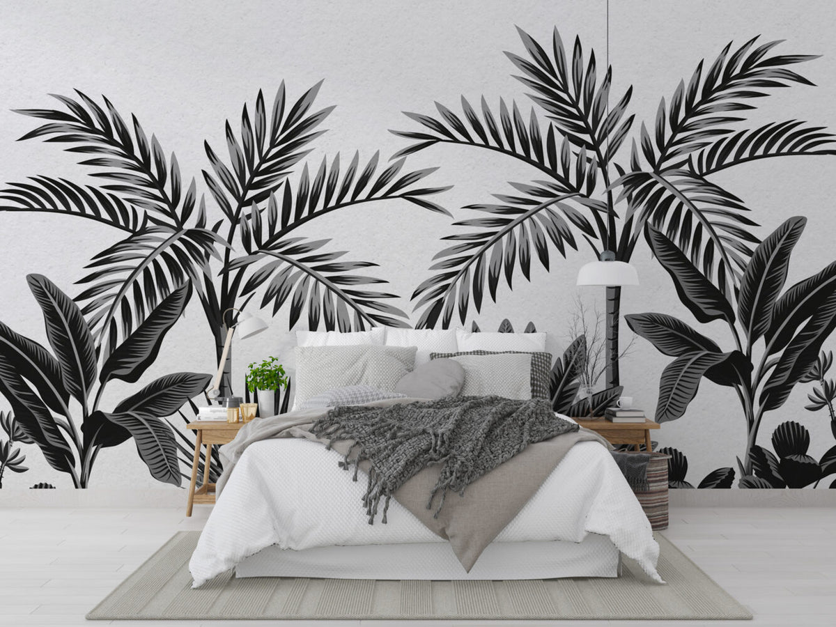Black White Palm Leaf Wallpaper : Monochrome Tropical Mural