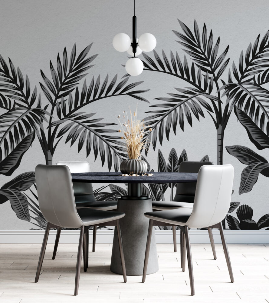 Black White Palm Leaf Wallpaper : Monochrome Tropical Mural - View 5