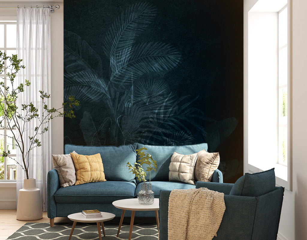 Navy Tropical Leaf Wallpaper : Dark Blue Palm Mural - View 5