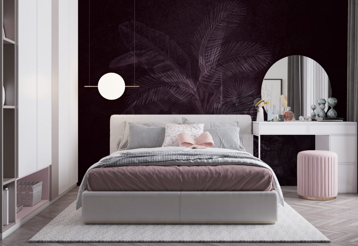 Plum Tropical Leaf Wallpaper : Dark Purple Palm Mural - View 6