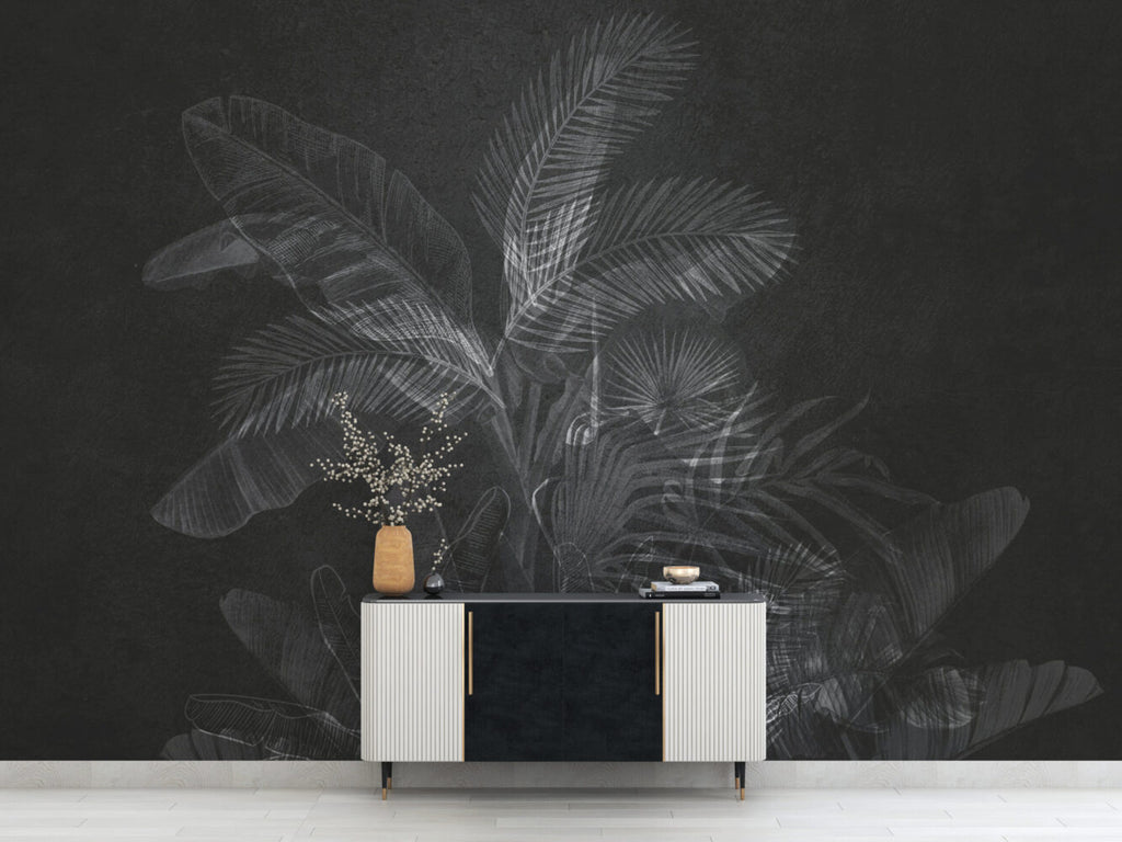 Charcoal Tropical Leaf Wallpaper : Dark Grey Palm Mural - View 3