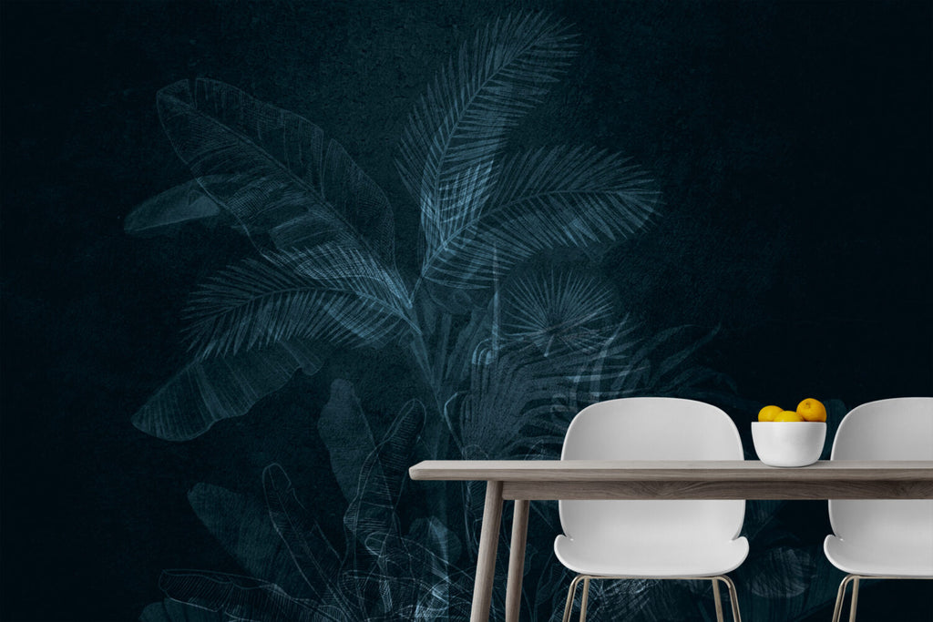 Navy Tropical Leaf Wallpaper : Dark Blue Palm Mural - View 6
