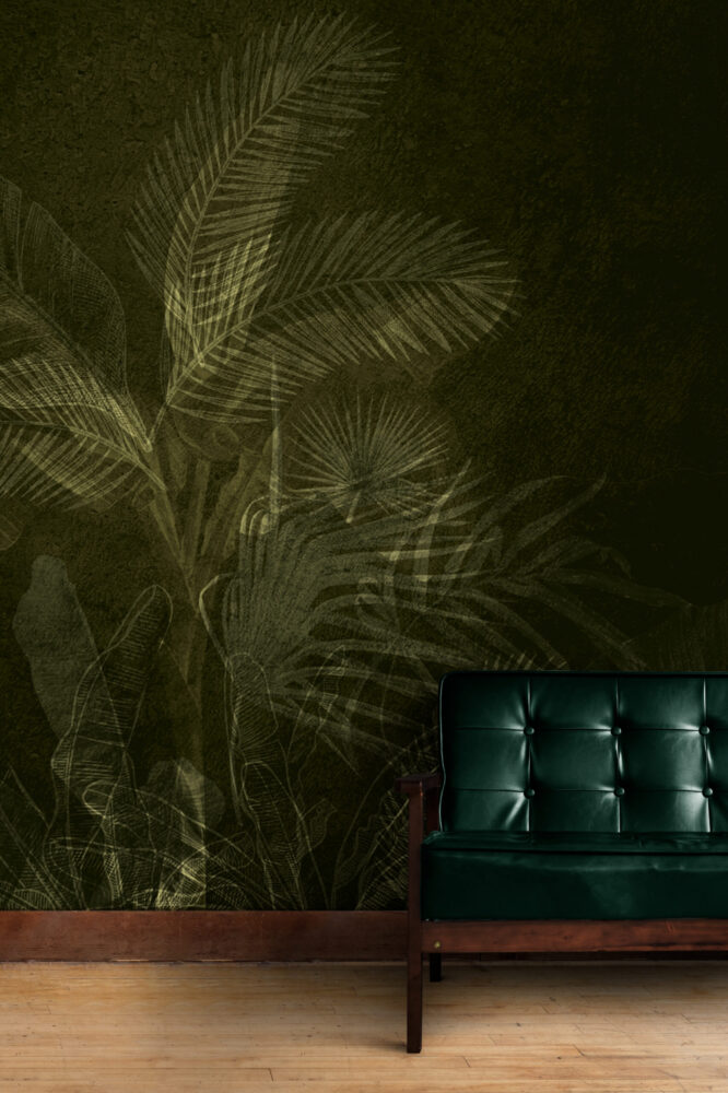 Olive Tropical Leaf Wallpaper : Dark Olive Palm Mural - View 6