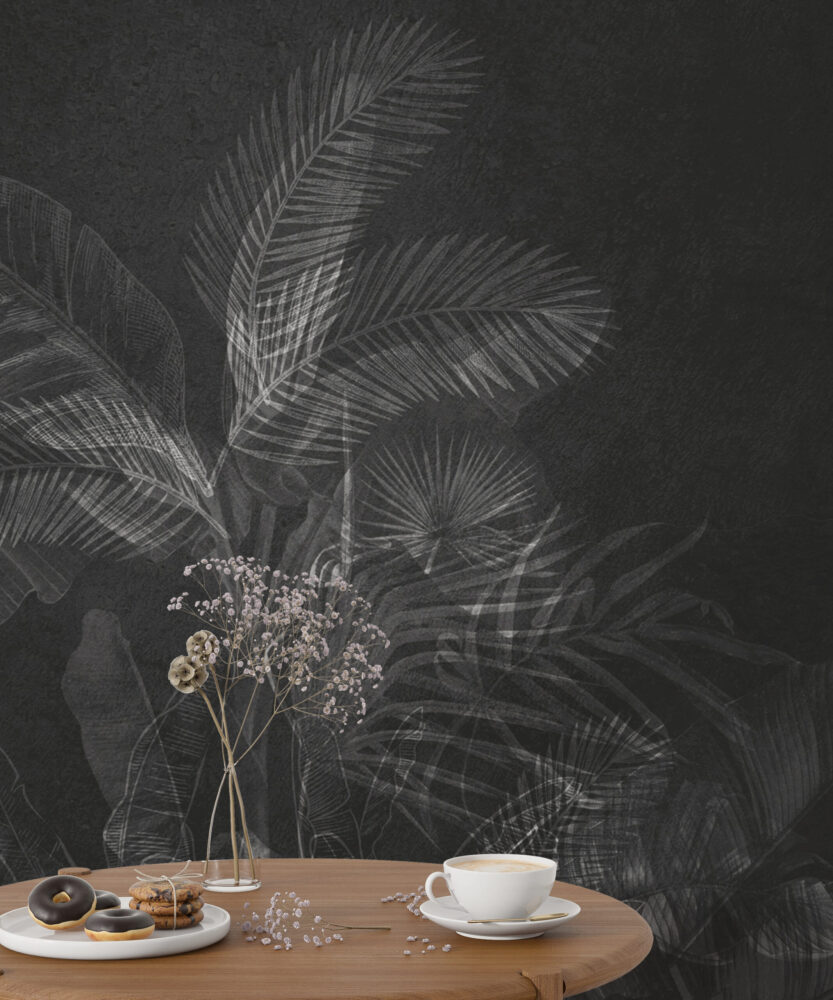 Charcoal Tropical Leaf Wallpaper : Dark Grey Palm Mural - View 4