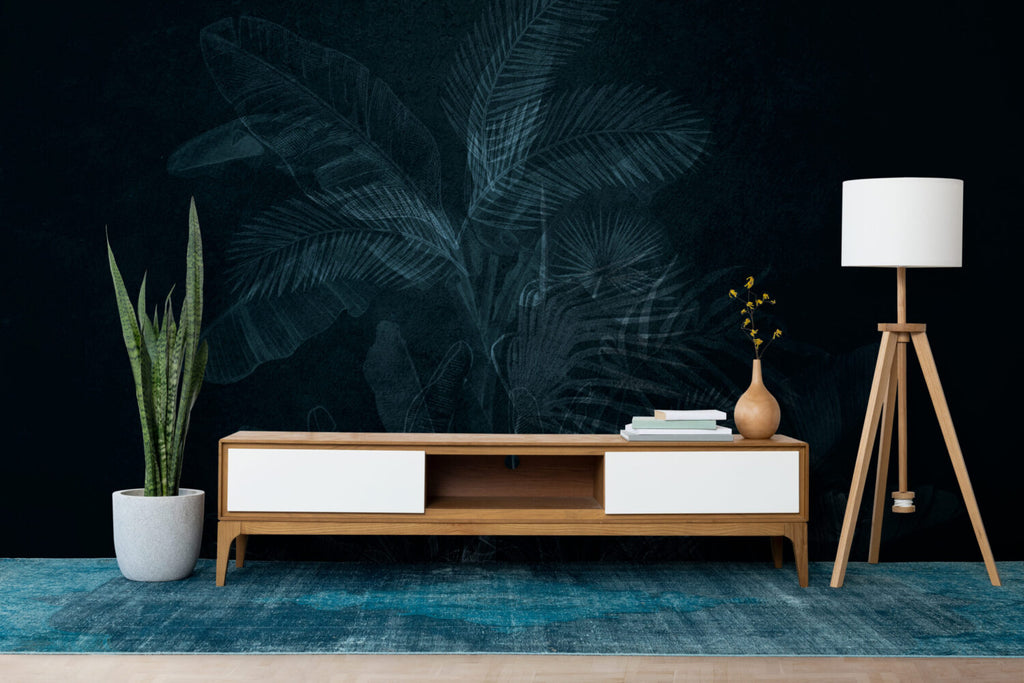 Navy Tropical Leaf Wallpaper : Dark Blue Palm Mural - View 3