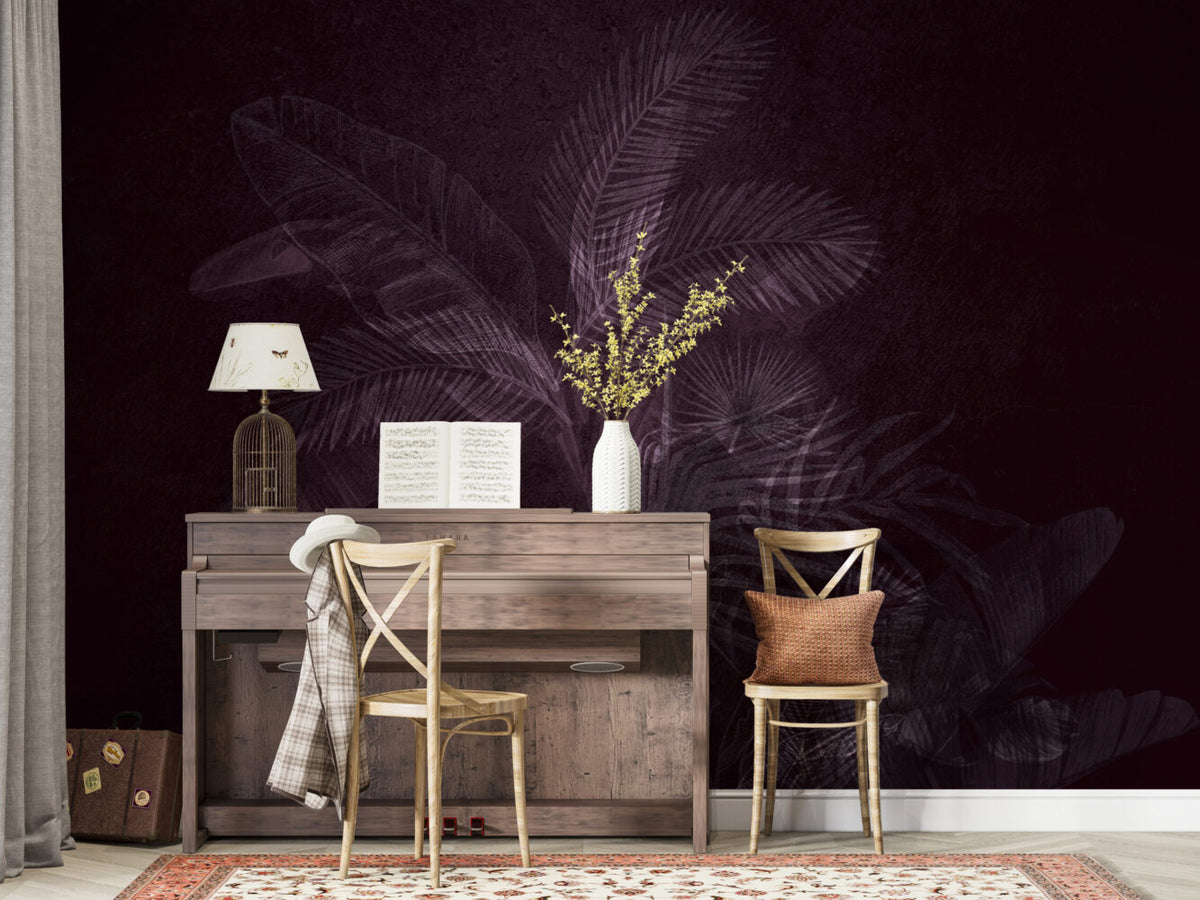 Plum Tropical Leaf Wallpaper : Dark Purple Palm Mural - View 3