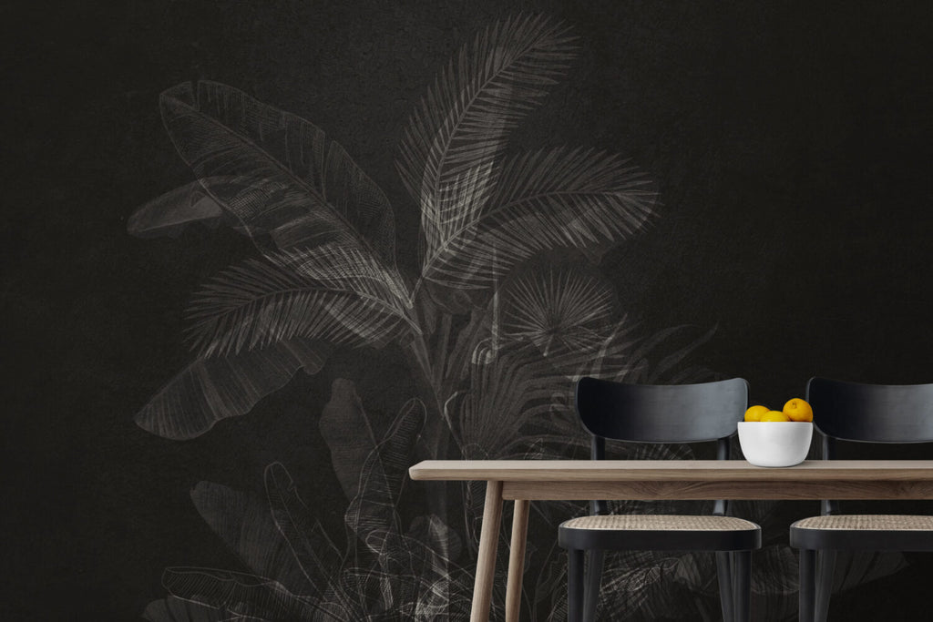 Charcoal Tropical Leaf Wallpaper : Dark Grey Palm Mural - View 5