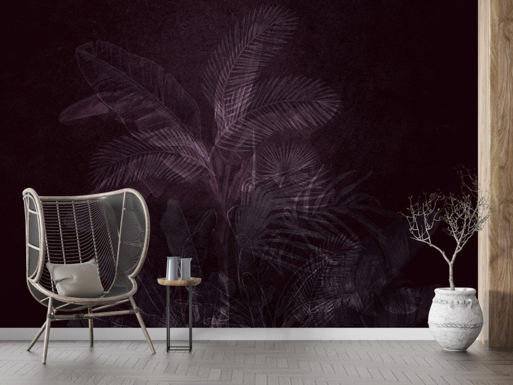 Plum Tropical Leaf Wallpaper : Dark Purple Palm Mural - View 4