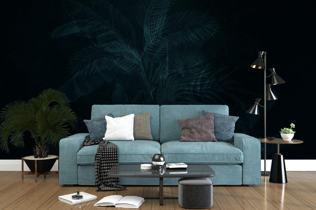 Navy Tropical Leaf Wallpaper : Dark Blue Palm Mural - View 4