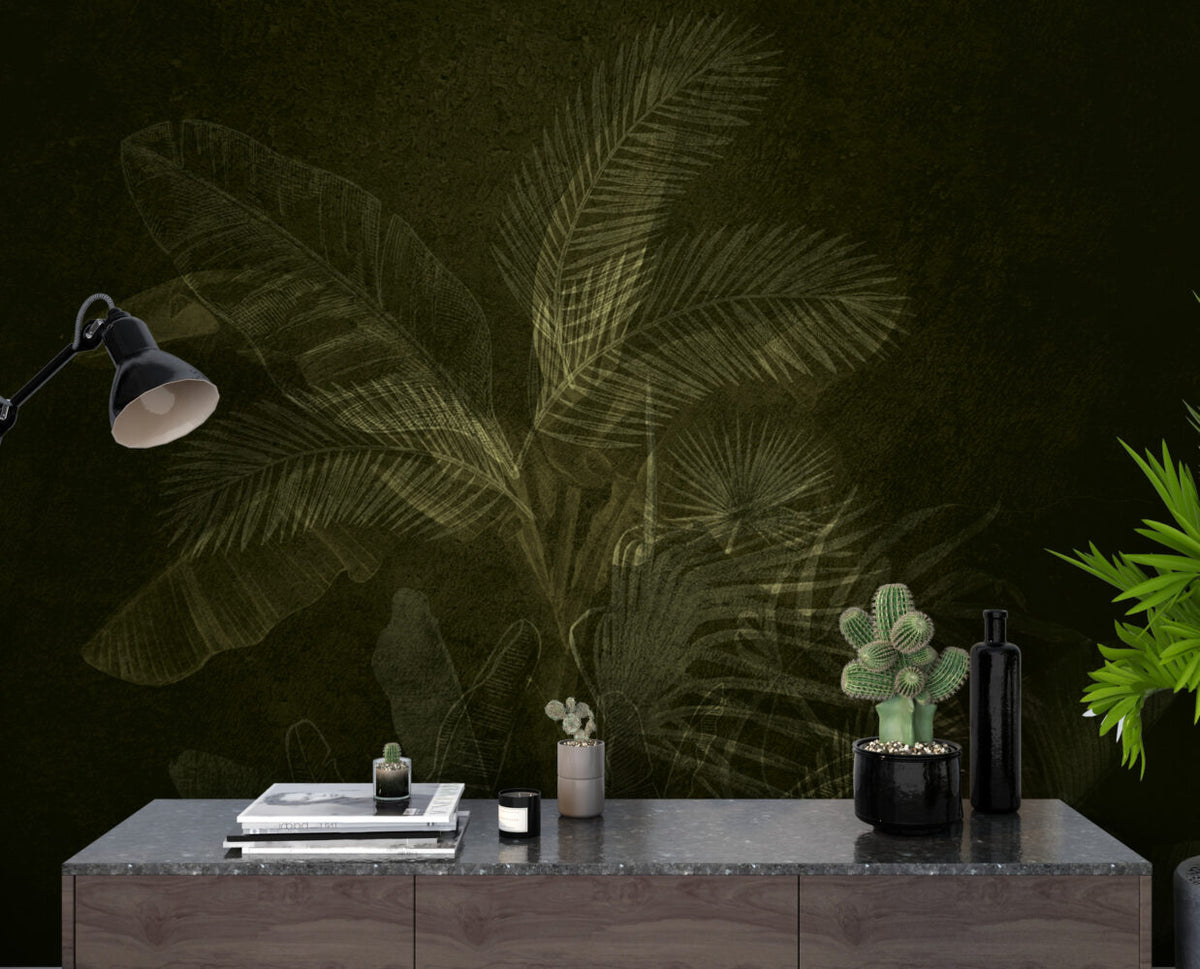 Olive Tropical Leaf Wallpaper : Dark Olive Palm Mural - View 4